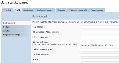 Uživatelský panel nastavení podporovaných komunikátorů - pro zvětšení klikni